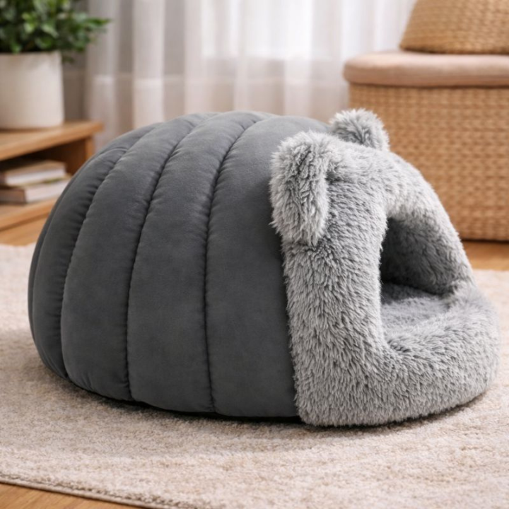 CozyBurrow │ Plush Cave Cat Bed