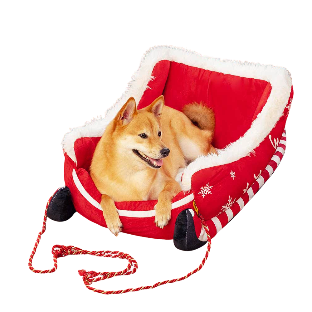 CozyNest | Festive Plush Bed Christmas Dog Bed – Luxury Soft Sleigh Design for Pets