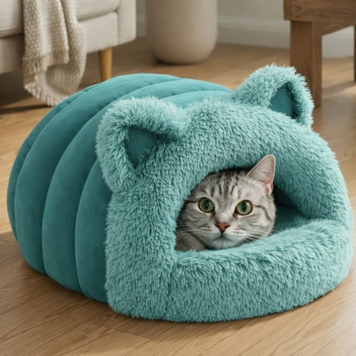 CozyBurrow │ Plush Cave Cat Bed