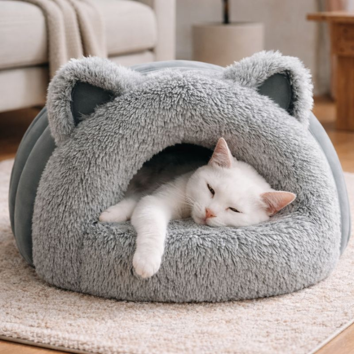 CozyBurrow │ Plush Cave Cat Bed