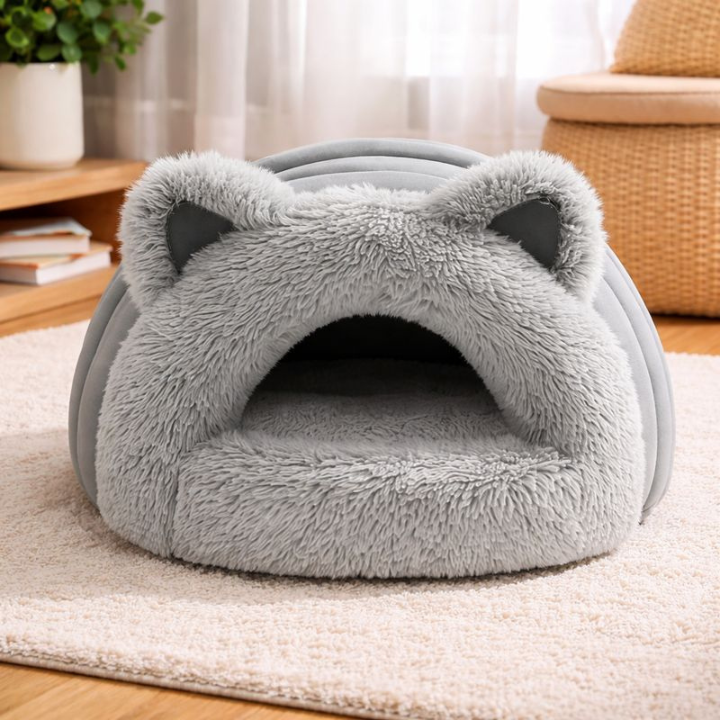 CozyBurrow │ Plush Cave Cat Bed