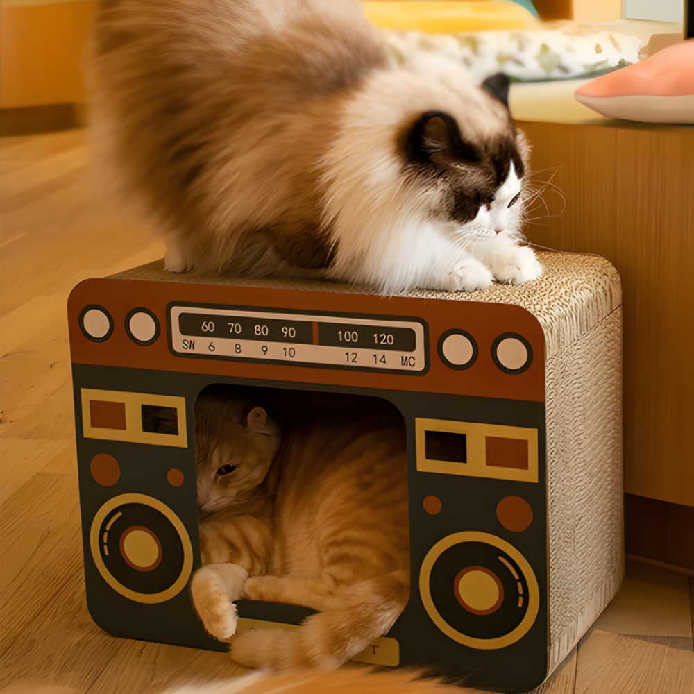 RetroDen │ Cardboard Cat Hideaway with Scratch Surface