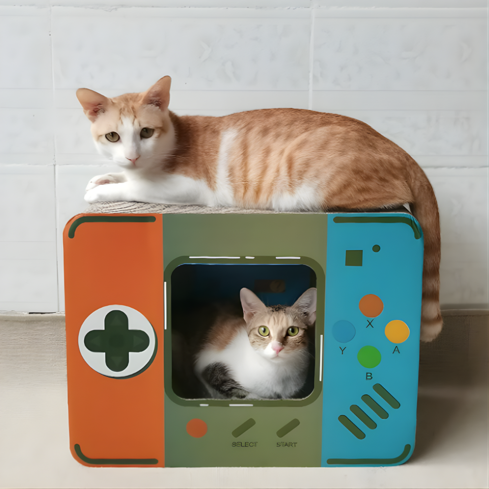RetroDen │ Cardboard Cat Hideaway with Scratch Surface