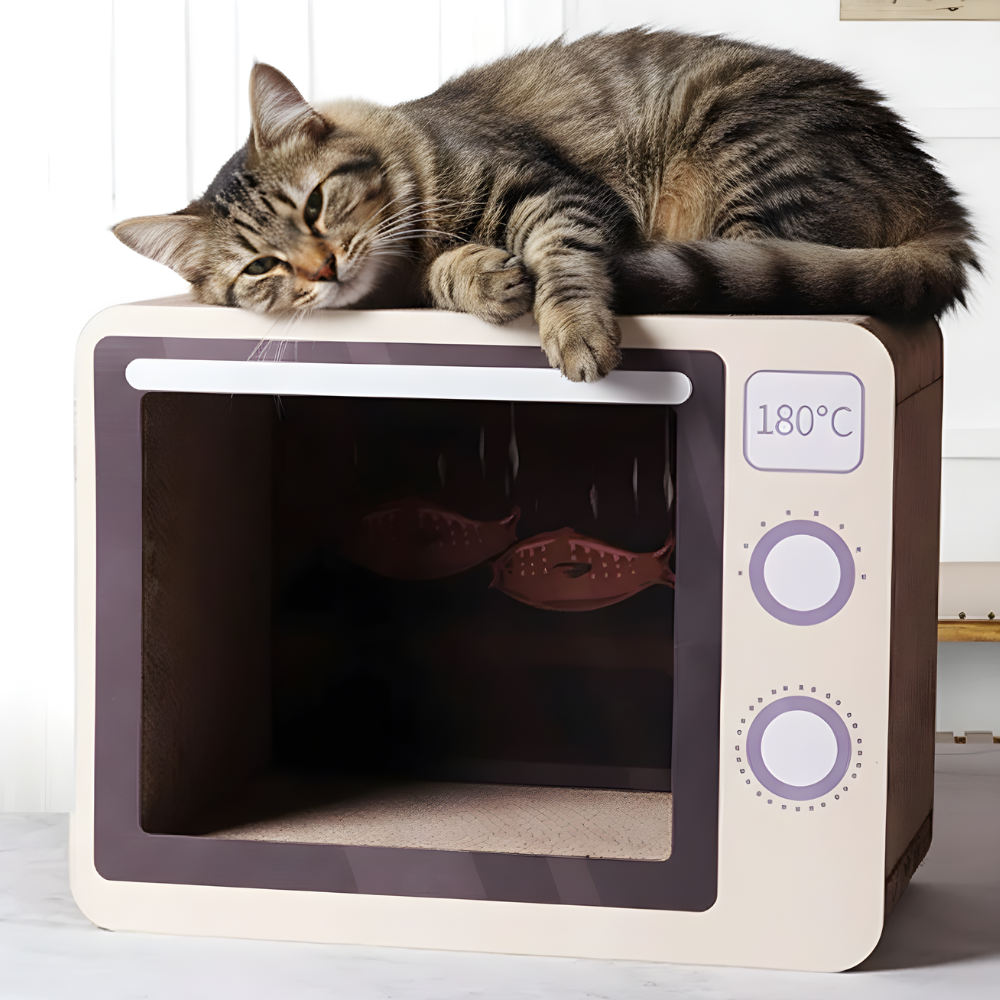 RetroDen │ Cardboard Cat Hideaway with Scratch Surface