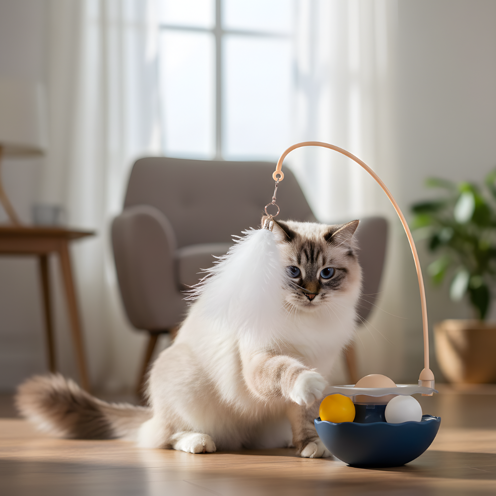 WobbleWhisk │ Motion Activated Feather and Rolling Ball Toy for Curious Cats