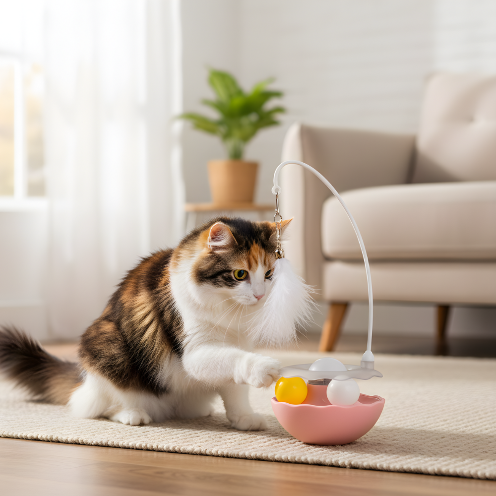 WobbleWhisk │ Motion Activated Feather and Rolling Ball Toy for Curious Cats